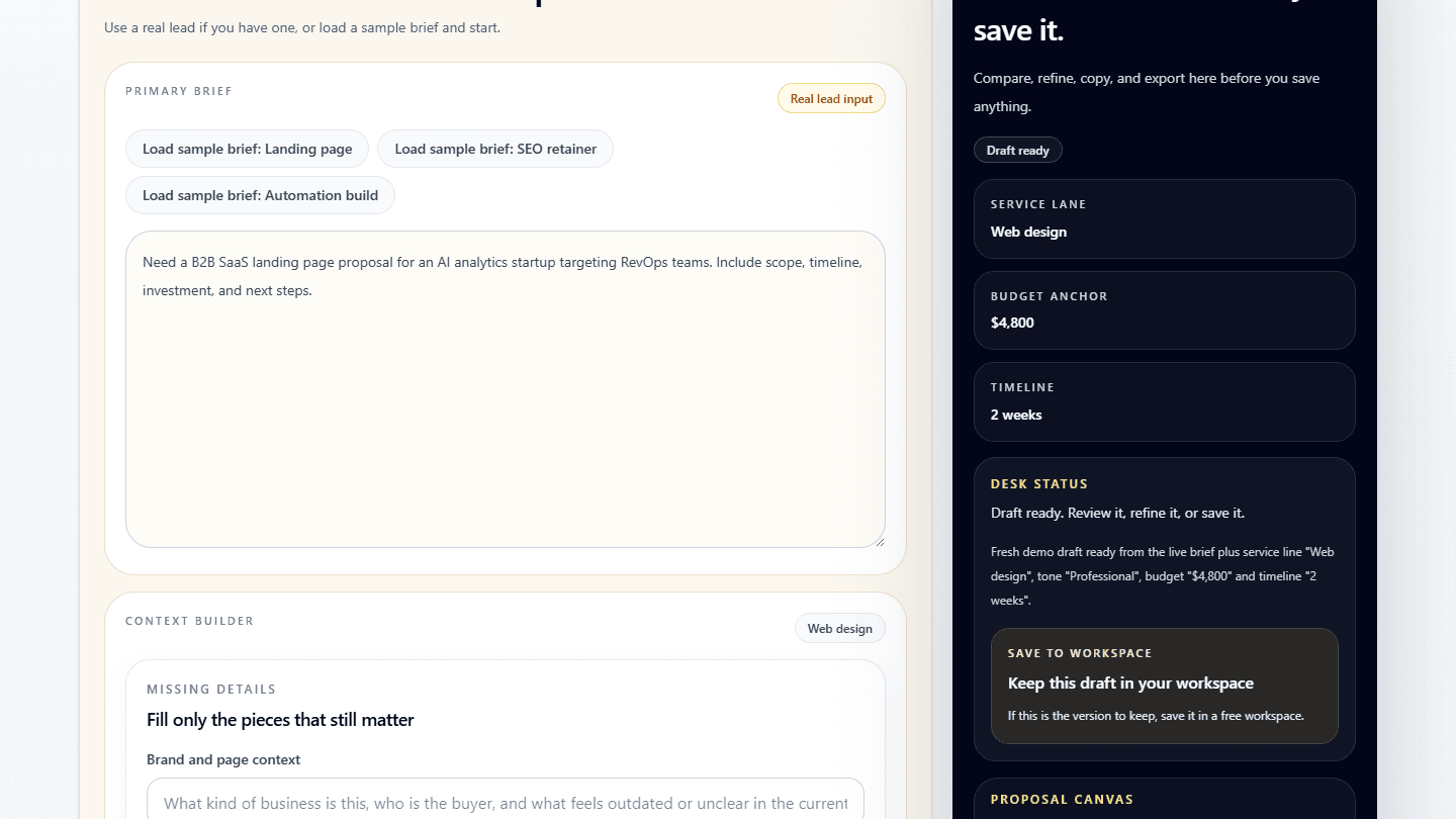 ProposalFlow workspace showing the brief builder, proposal draft, and refinement tools.