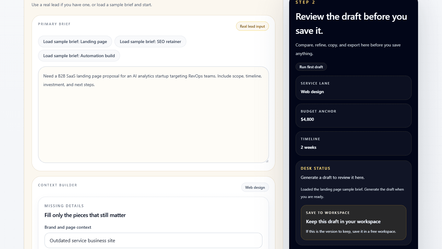 ProposalFlow demo with a real brief input and proposal draft preview.